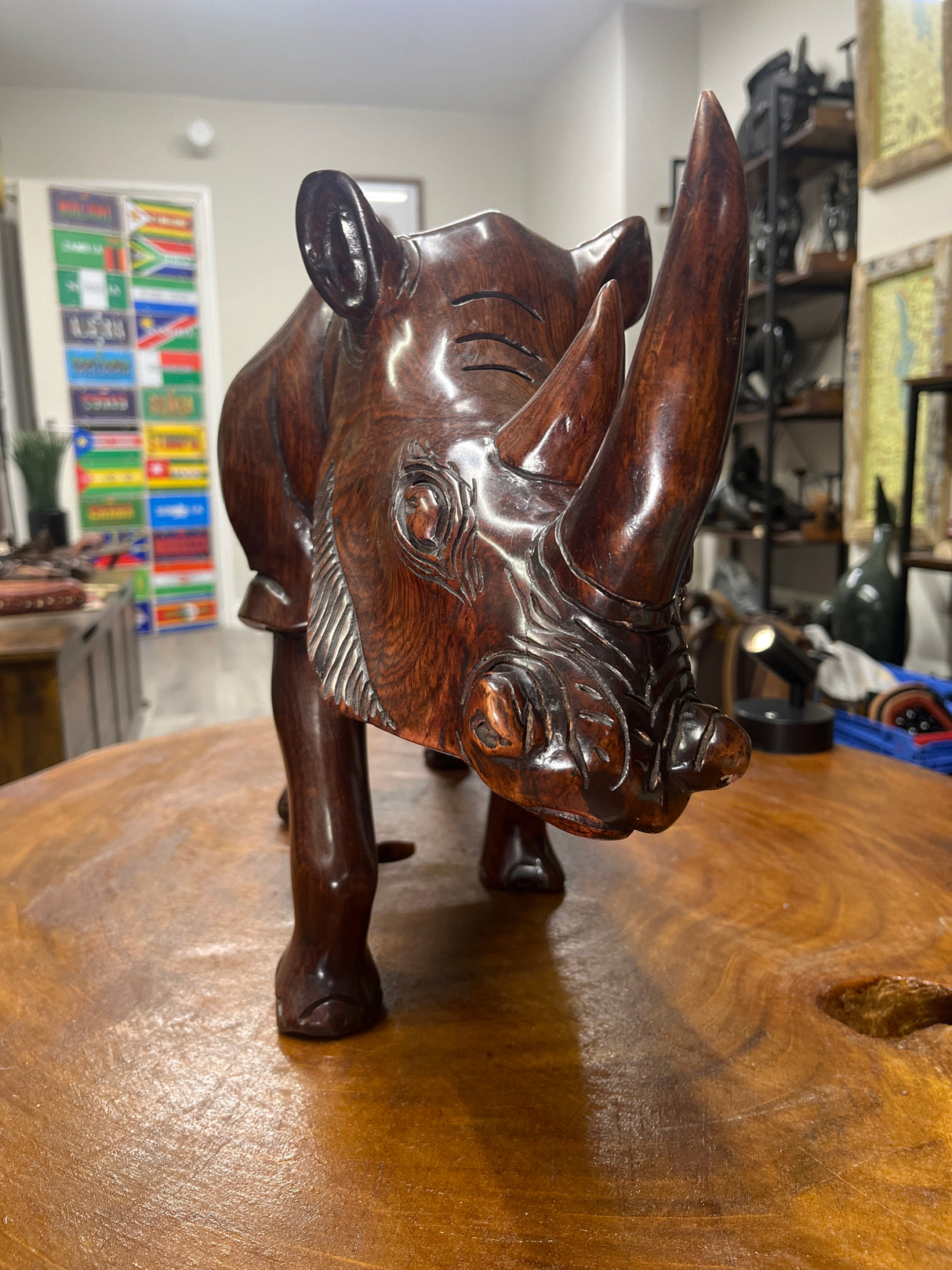 Large and heavy Hand Carved Wooden Standing Rhino Curio (Muscular Look)