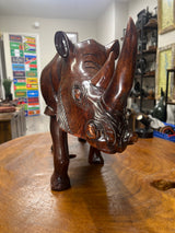 Large and heavy Hand Carved Wooden Standing Rhino Curio (Muscular Look)