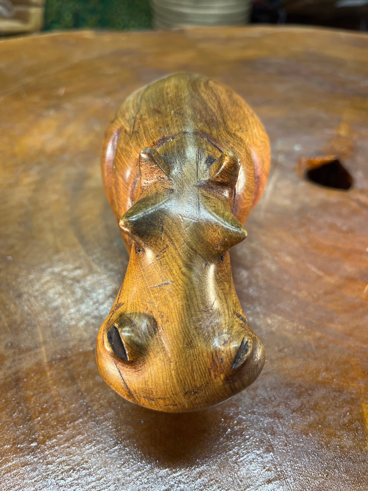 Small Hand Carved Light Brown Grained Wood Hippo - Mouth Closed