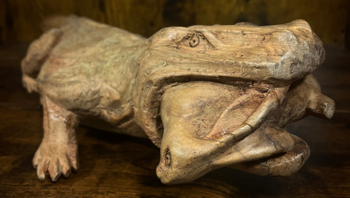 Hand Carved Mahogany Komodo Eating Prey