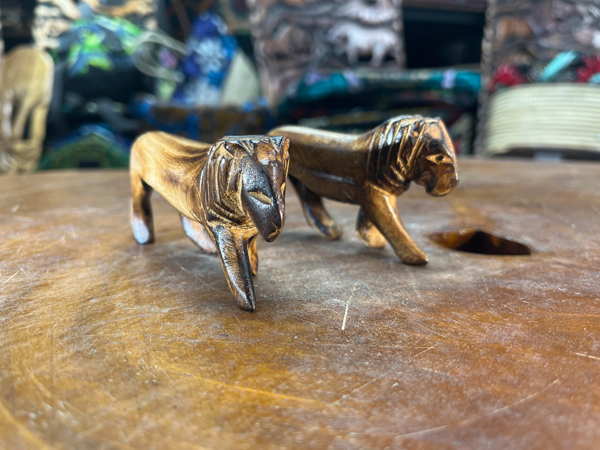 Set of Two Handmade Wooden Burnt Lions