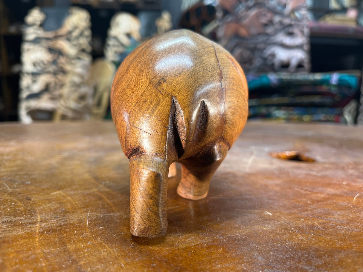 Small Hand Carved Light Brown Grained Wood Hippo - Mouth Closed