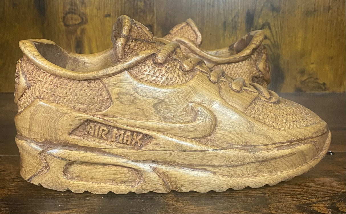 Pair of Nike Air Max 90 V3.1 Hand Carved Painted Mahogany Display Piece
