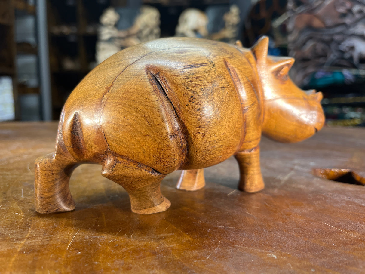 Small Hand Carved Light Brown Grained Wood Hippo - Mouth Closed