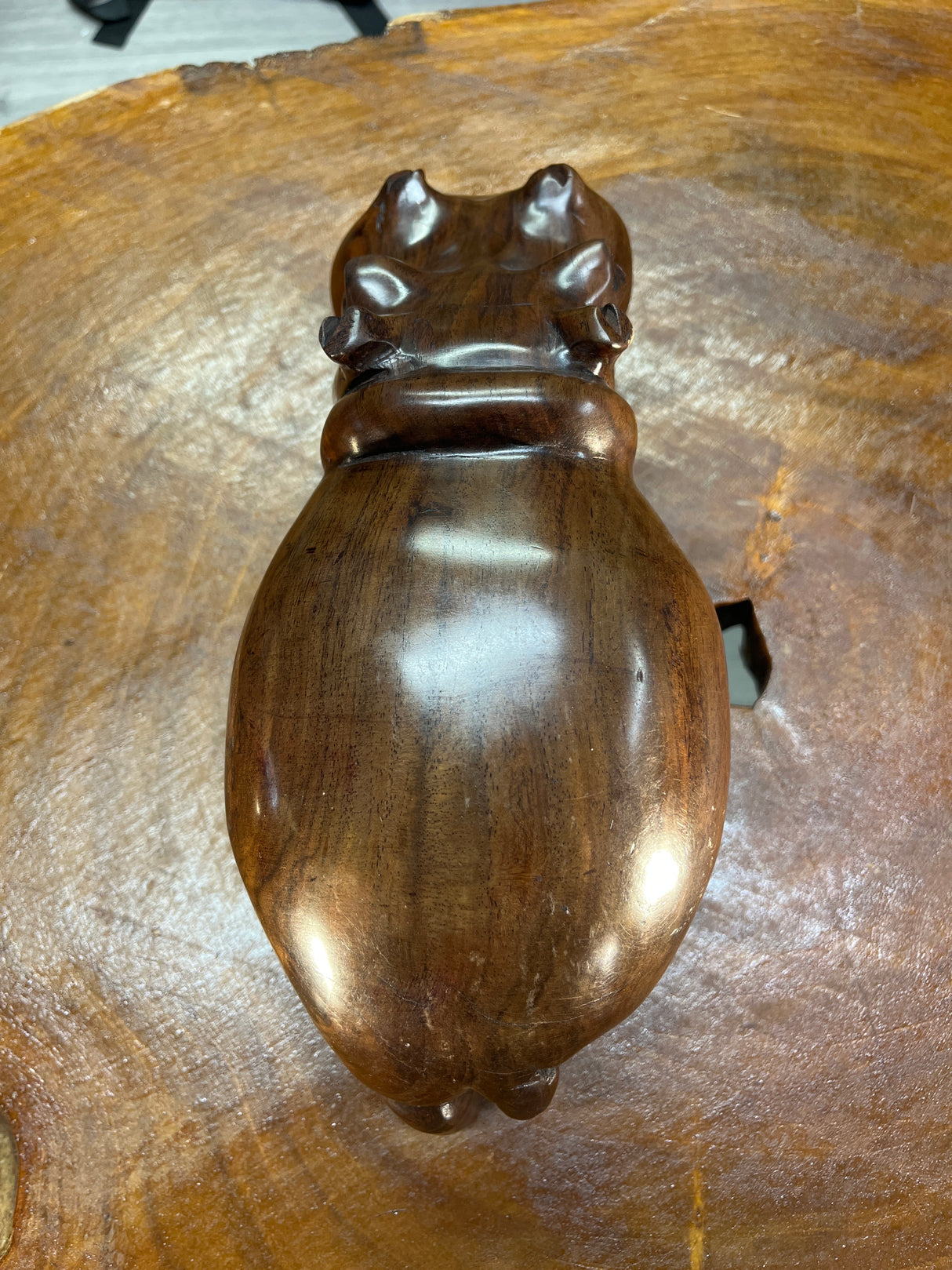 Hand Carved Shiny Dark Brown Wooden Hippo - Mouth Closed