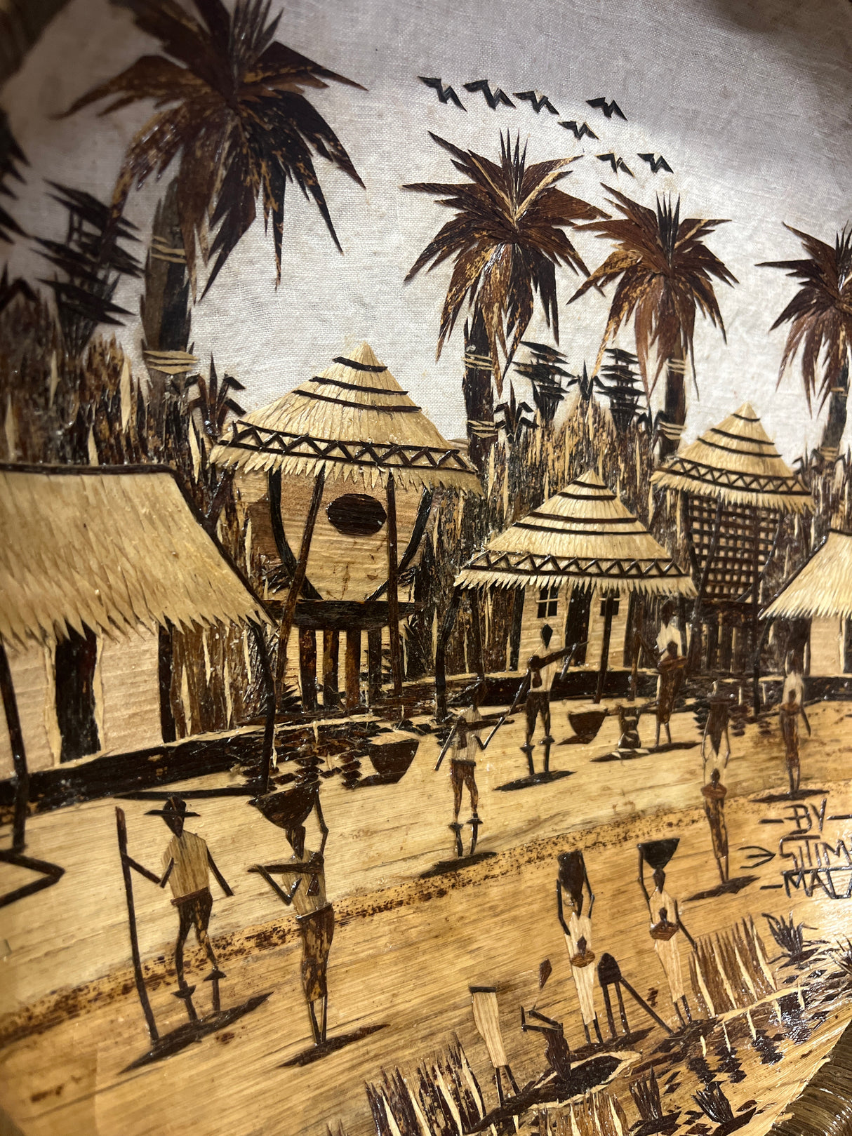 Handmade Wicker, Cloth and Banana leaf Decorative Tray - African Village Scene