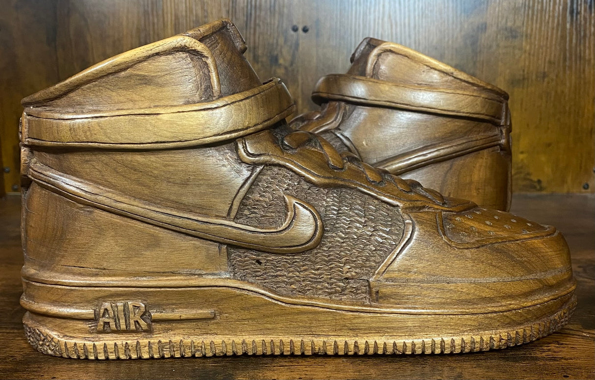 Pair of Nike Air Force One High V2.1 Hand Carved Mahogany Display Piece