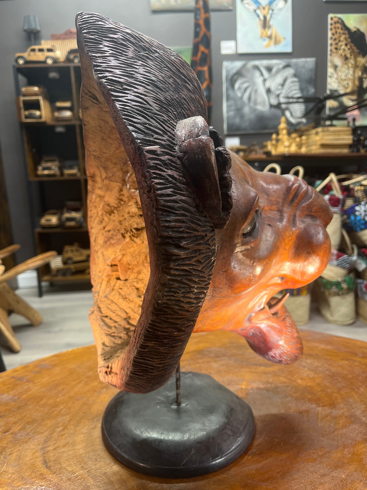 Hand Carved Vintage Rustic And a Bit Scary - Lions Head Wooden Statue Unique Stunning ‘WOW’ Show Piece