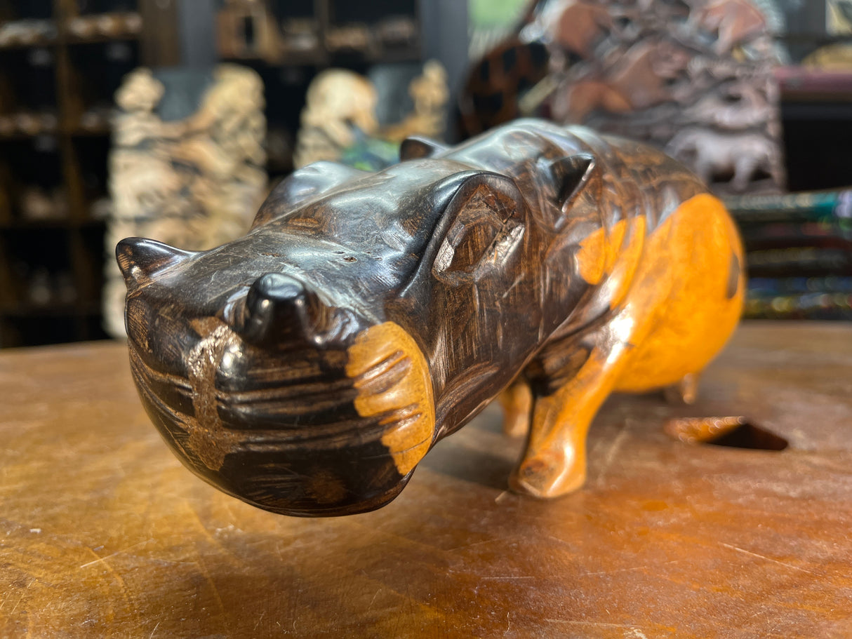 Hand Carved Dark Brown Wooden Hippo - Mouth Closed and Long Body