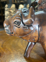 Hand Carved Dark Brown Wooden Buffalo With Horns