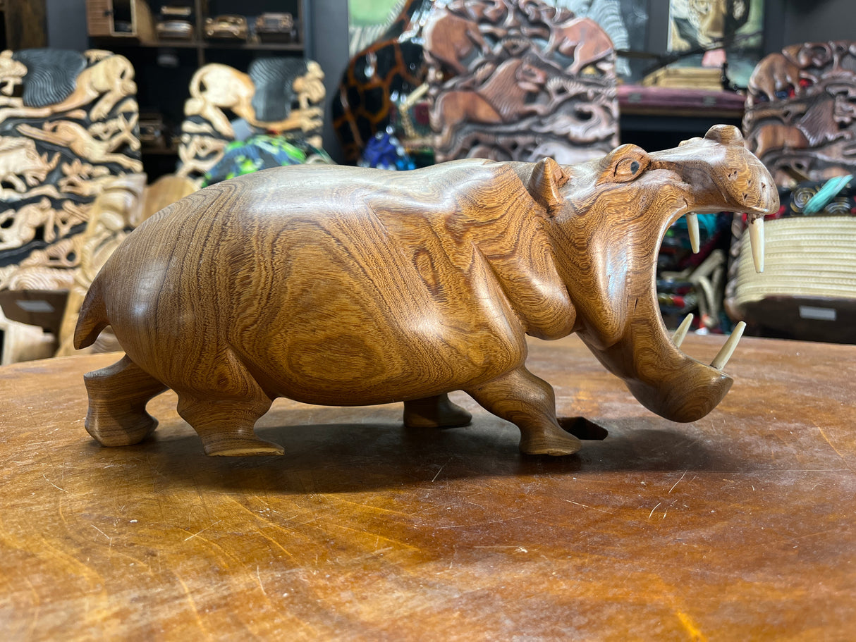 Hand Carved Wooden Hippo - Mouth Open With Teeth