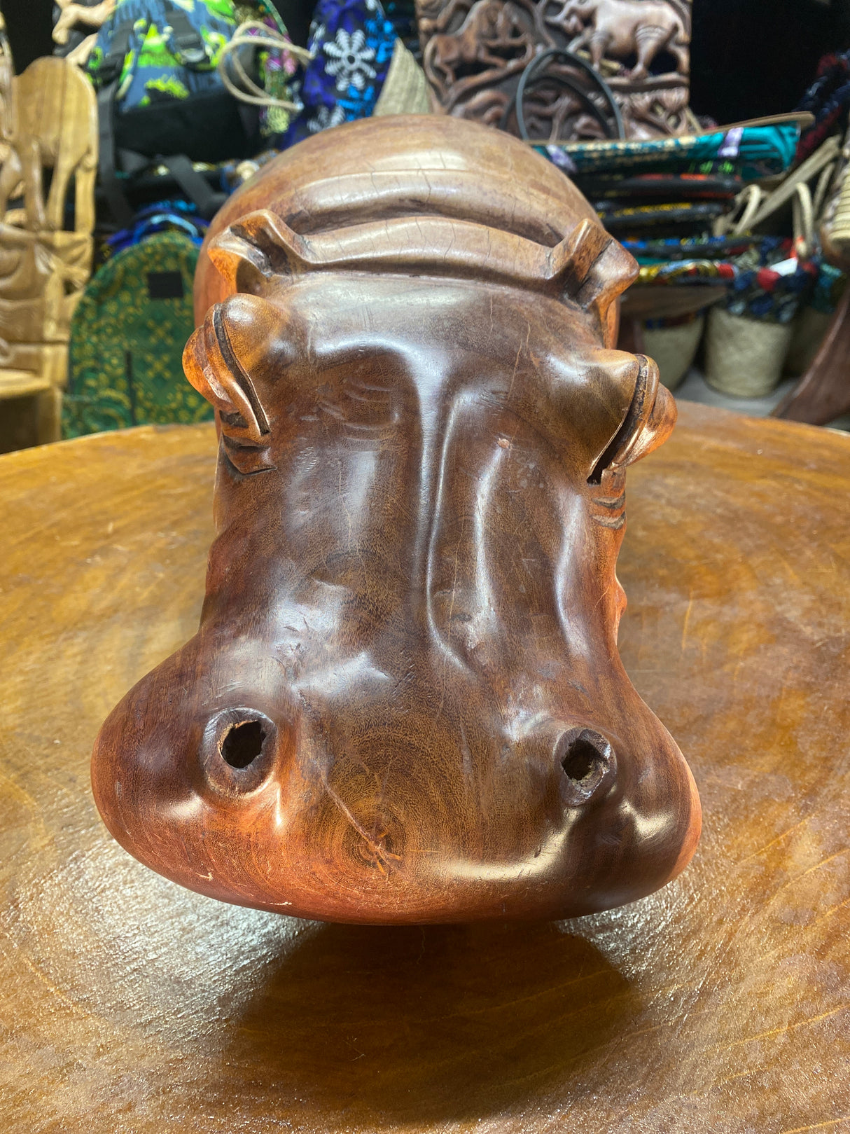 Big Reddish Colour Hand Carved Wooden Smiling Hippo - Mouth Closed (Very Heavy Piece)