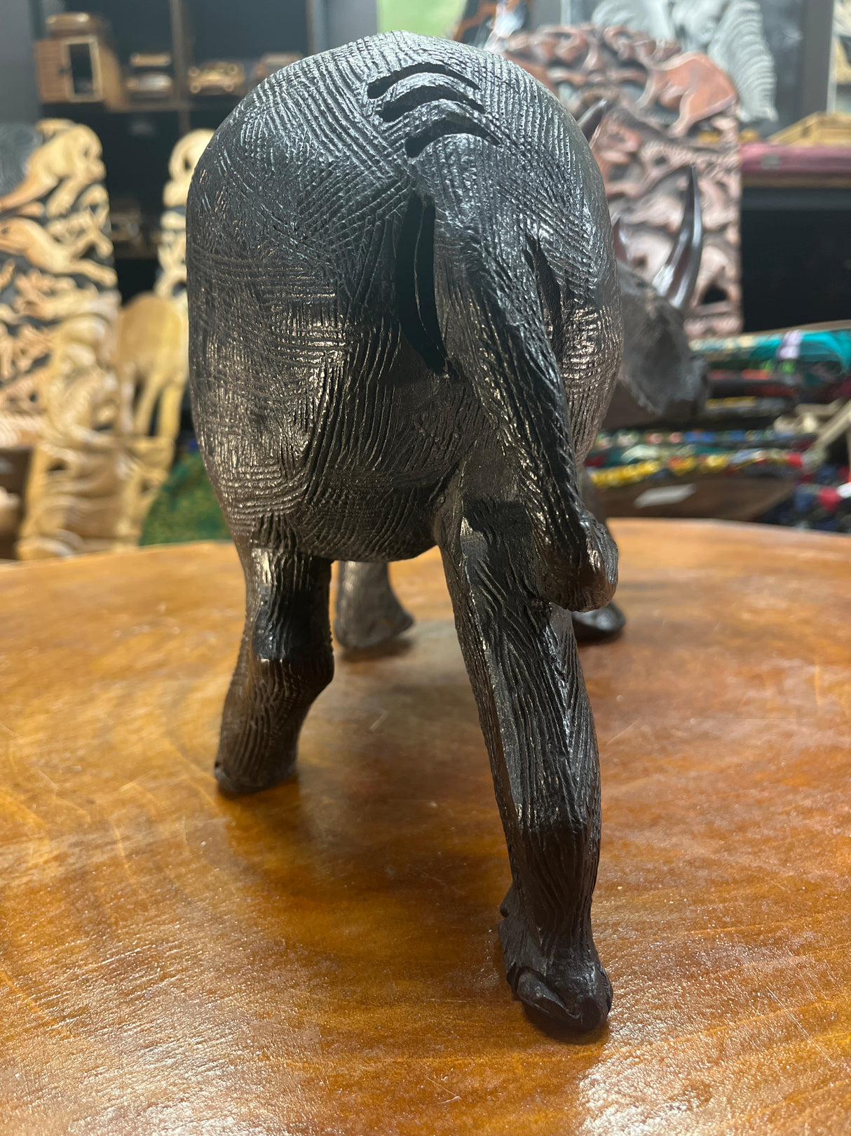 Large Black Hand Carved Wooden Textured Ebony Rhino Malawi