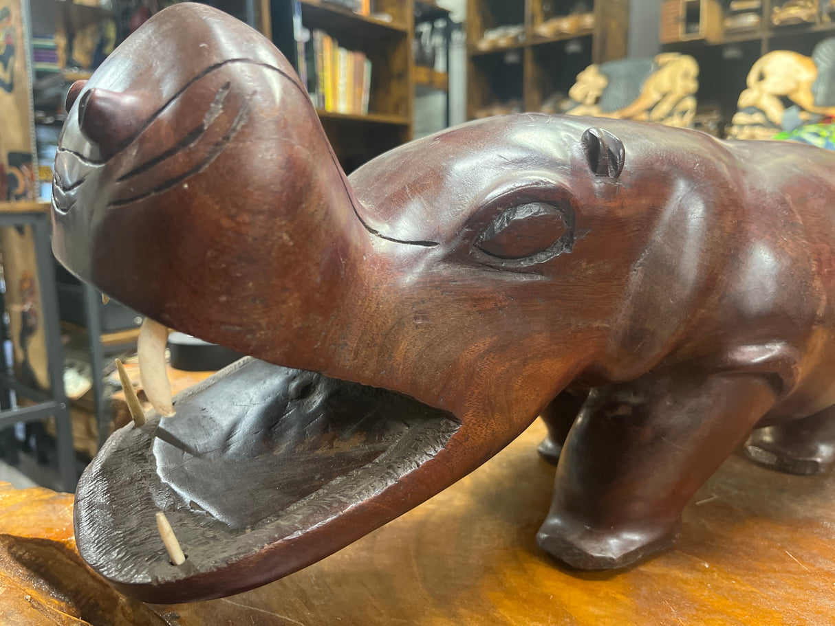 Big Reddish Colour Hand Carved Wooden Hippo - Mouth Open With Teeth (Heavy Piece)
