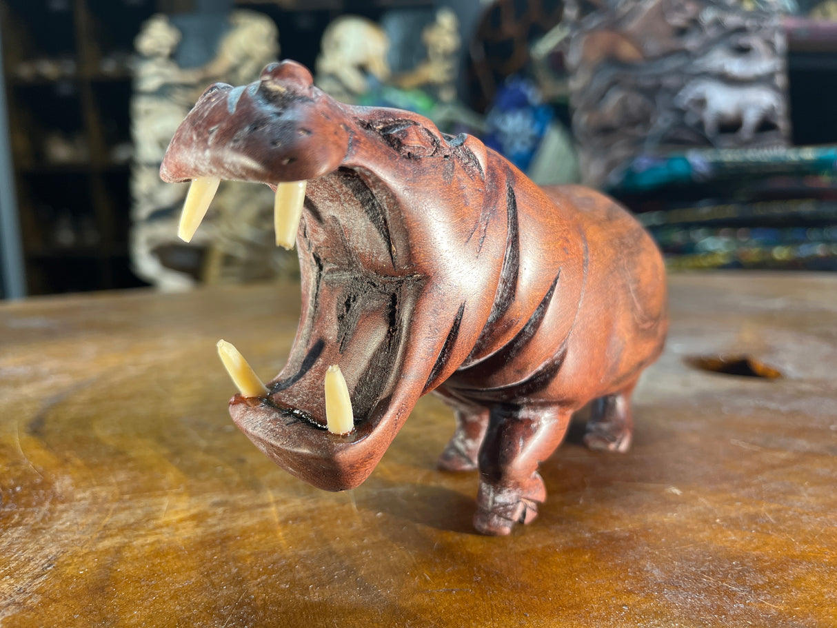 Small Hand Carved Reddish Wood Hippo - Mouth Open With Teeth