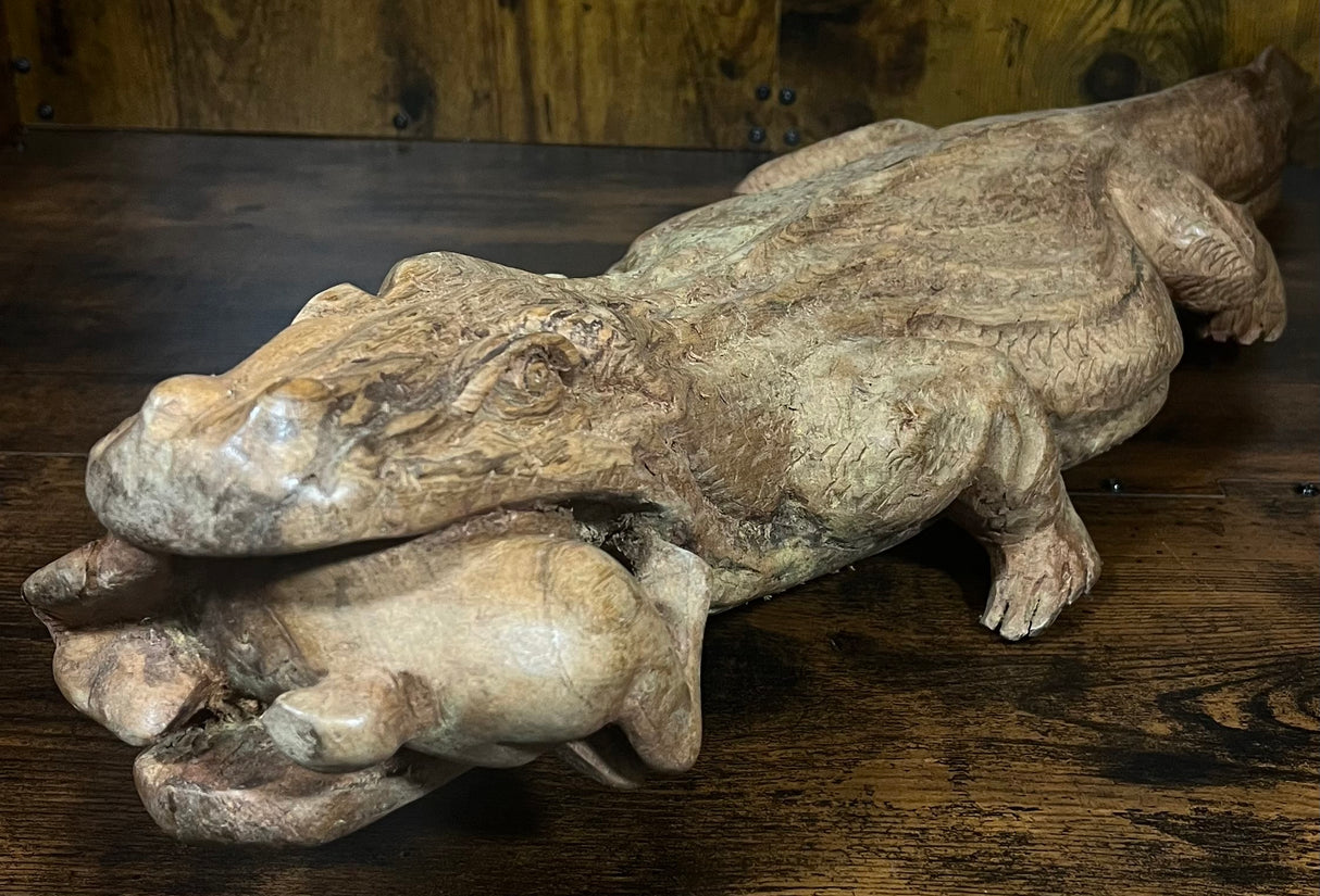 Hand Carved Mahogany Komodo Eating Prey