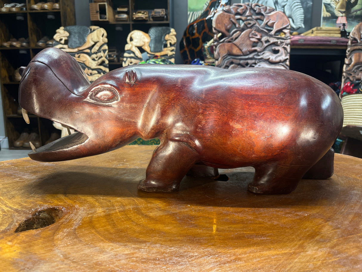 Big Reddish Colour Hand Carved Wooden Hippo - Mouth Open With Teeth (Heavy Piece)