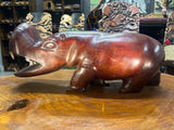 Big Reddish Colour Hand Carved Wooden Hippo - Mouth Open With Teeth (Heavy Piece)