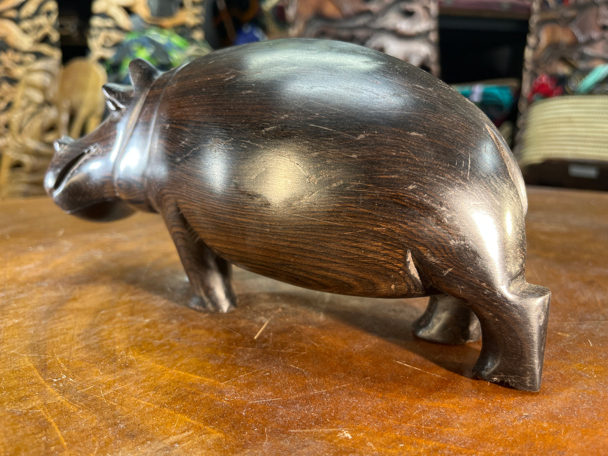 Hand Carved Ebony Wooden Hippo - Mouth Closed