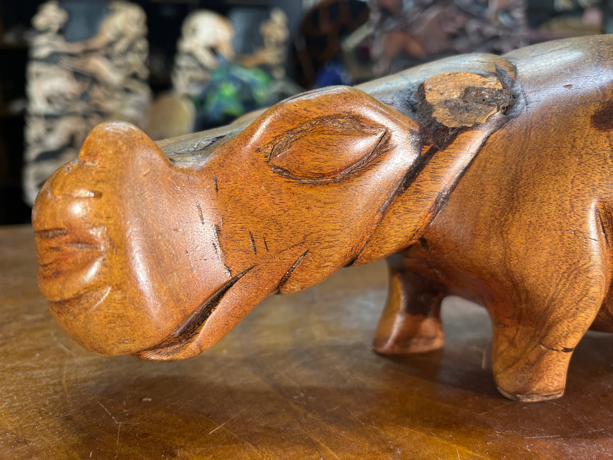 Hand Carved Light Brown Wooden Hippo - Mouth Closed
