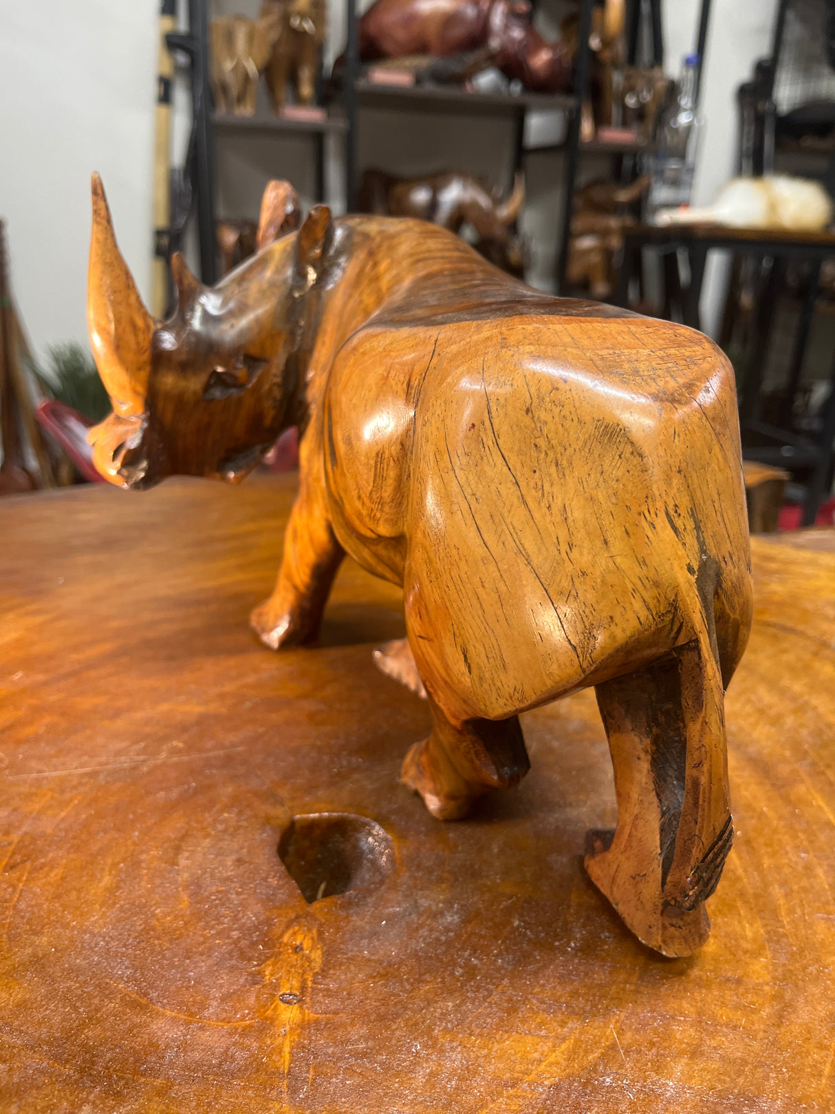 Bold Handcarved Wooden Standing Rhino Curio
