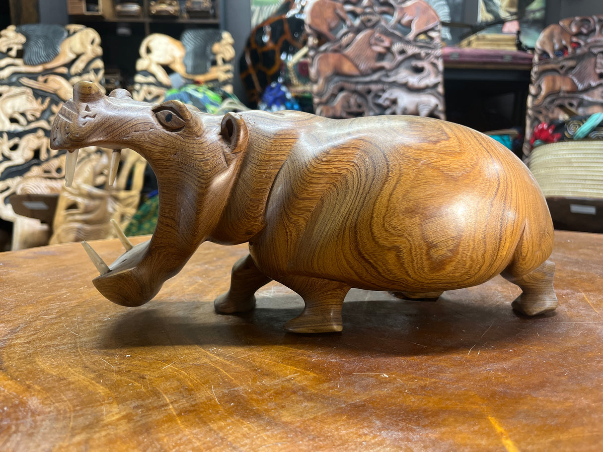 Hand Carved Wooden Hippo - Mouth Open With Teeth