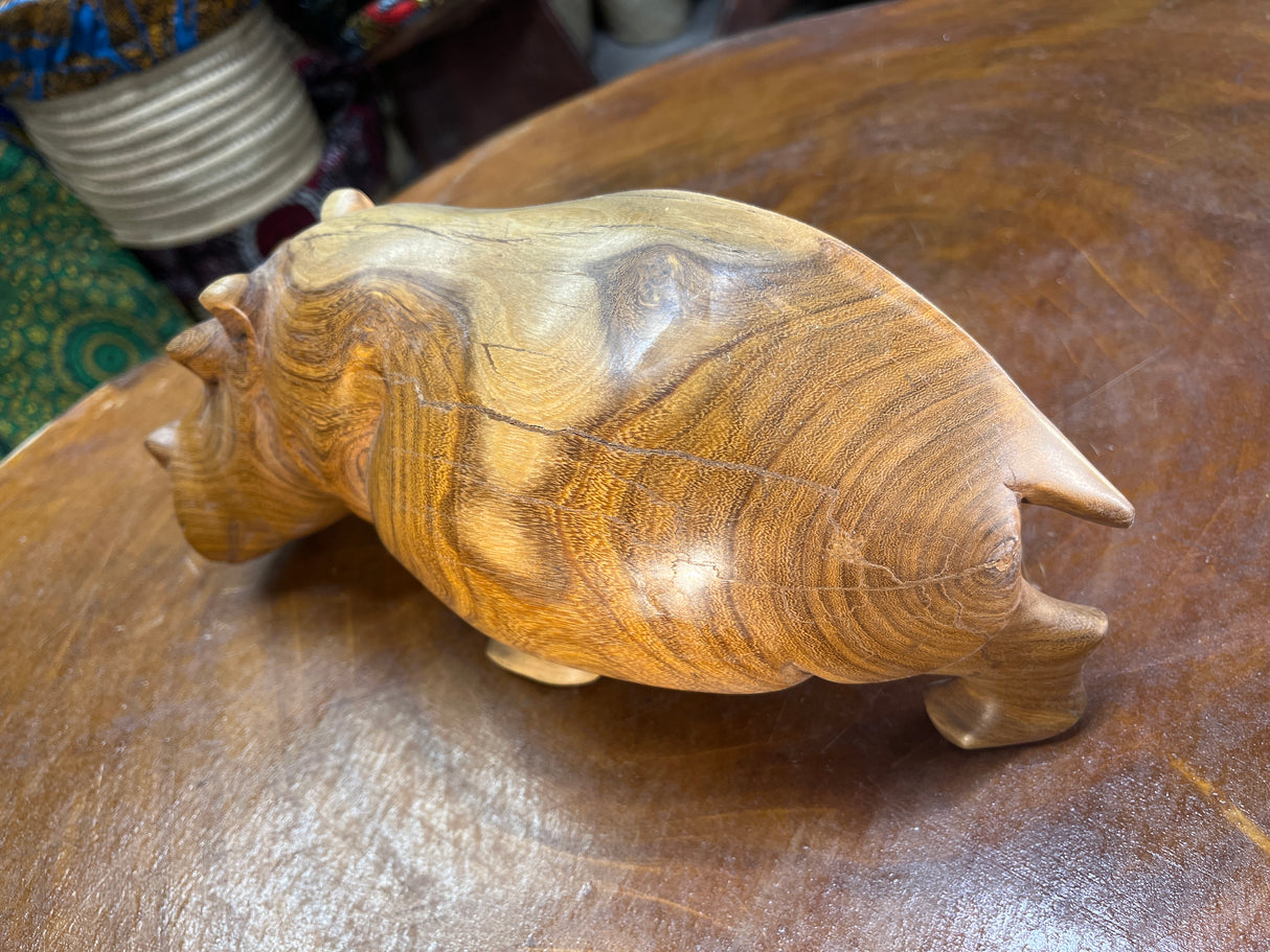 Hand Carved Beautifully Grained Wooden Hippo - Mouth Closed