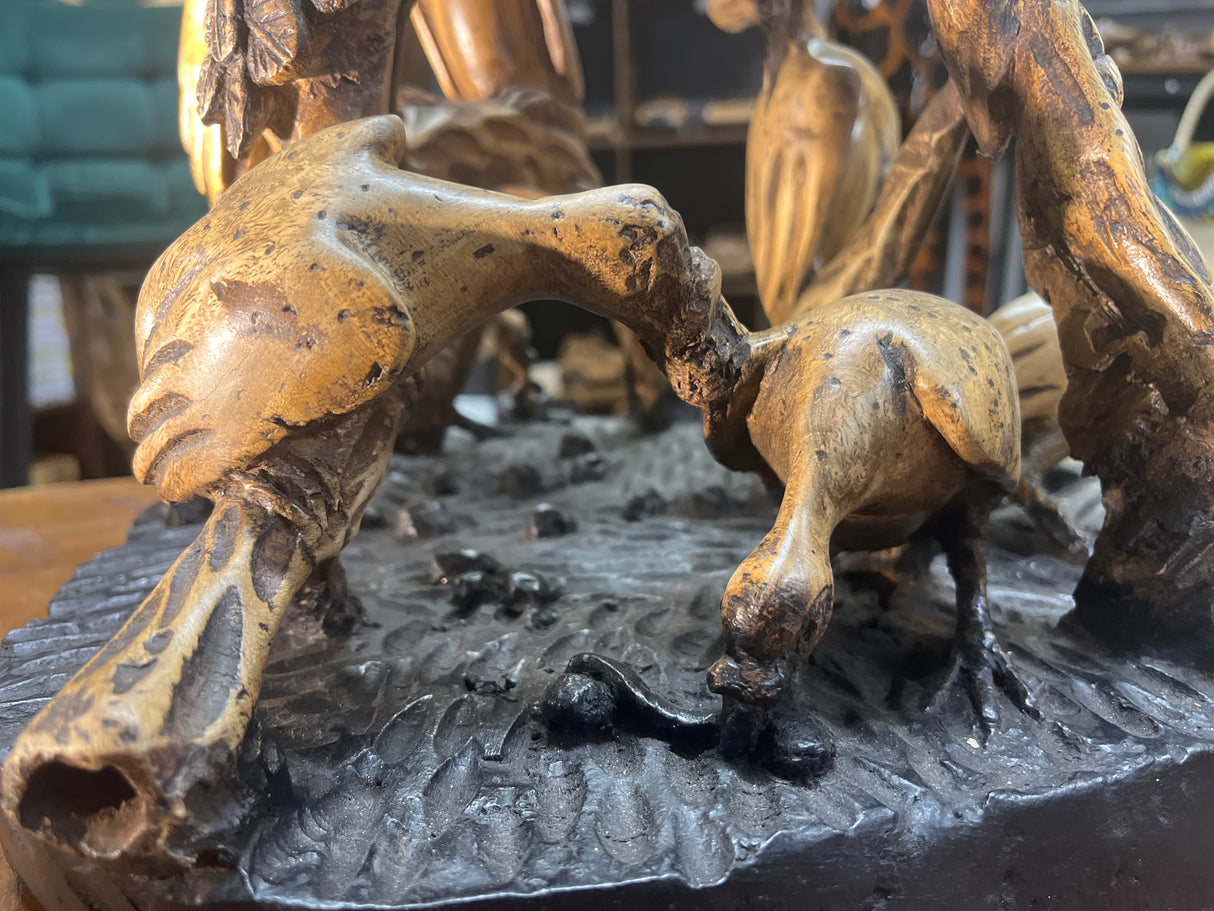 Intricately Hand Carved Vulture Feeding Frenzy On a Tree Wooden Statue