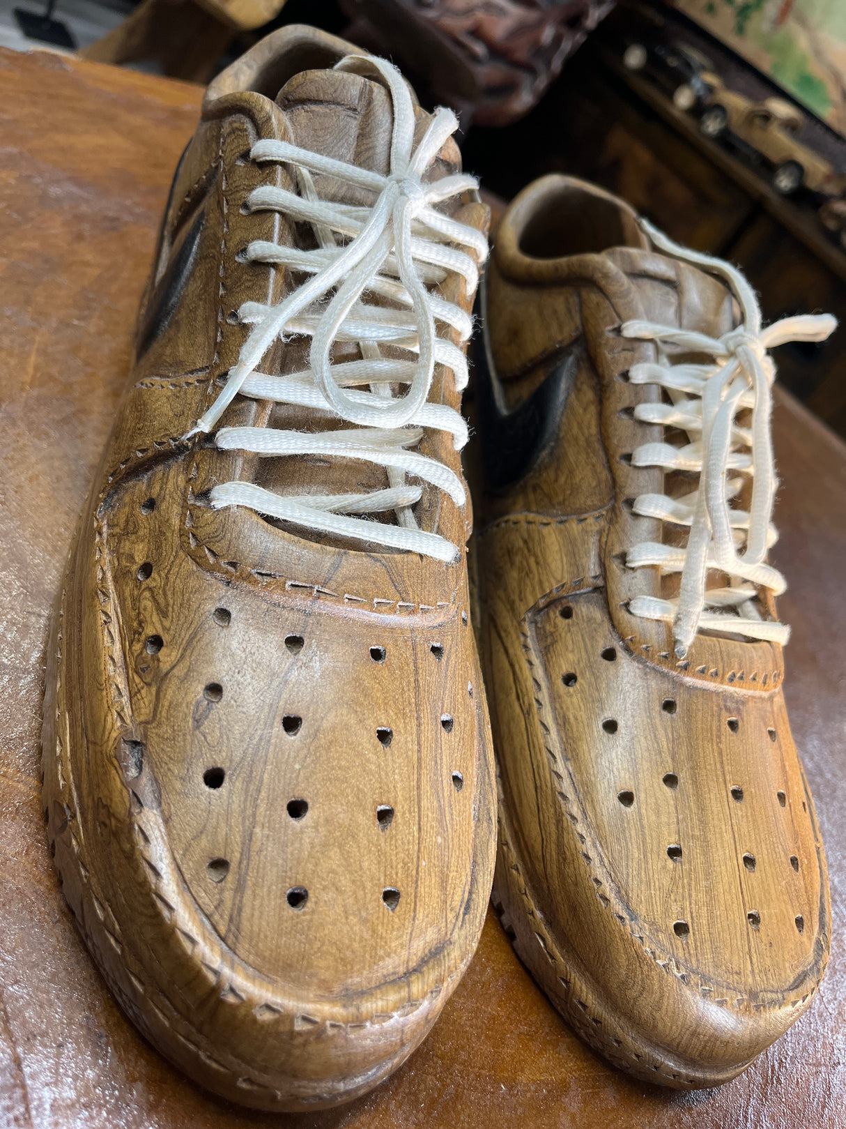 Pair of Nike Air Force One Low with Laces V1.1 Hand Carved Mahogany Display Piece