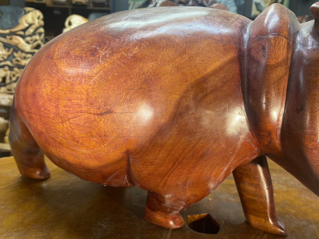 Big Reddish Colour Hand Carved Wooden Smiling Hippo - Mouth Closed (Very Heavy Piece)