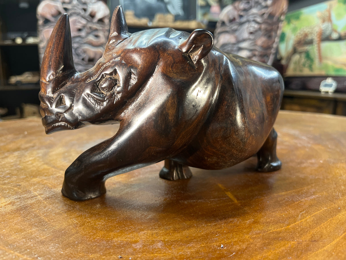 Short and Stocky Handcarved Wooden Standing Rhino Curio