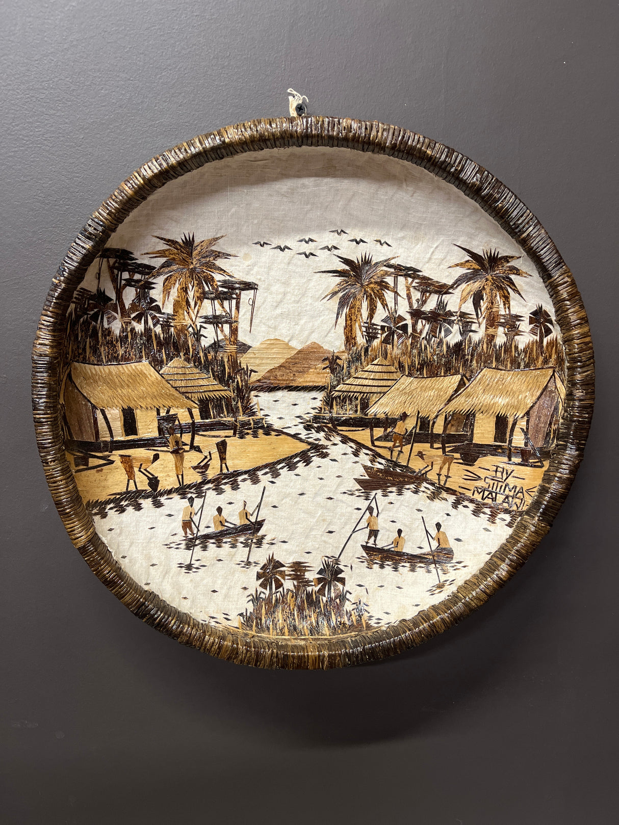Handmade Wicker, cloth and Banana leaf Decorative Tray - Lake Malawi Scene
