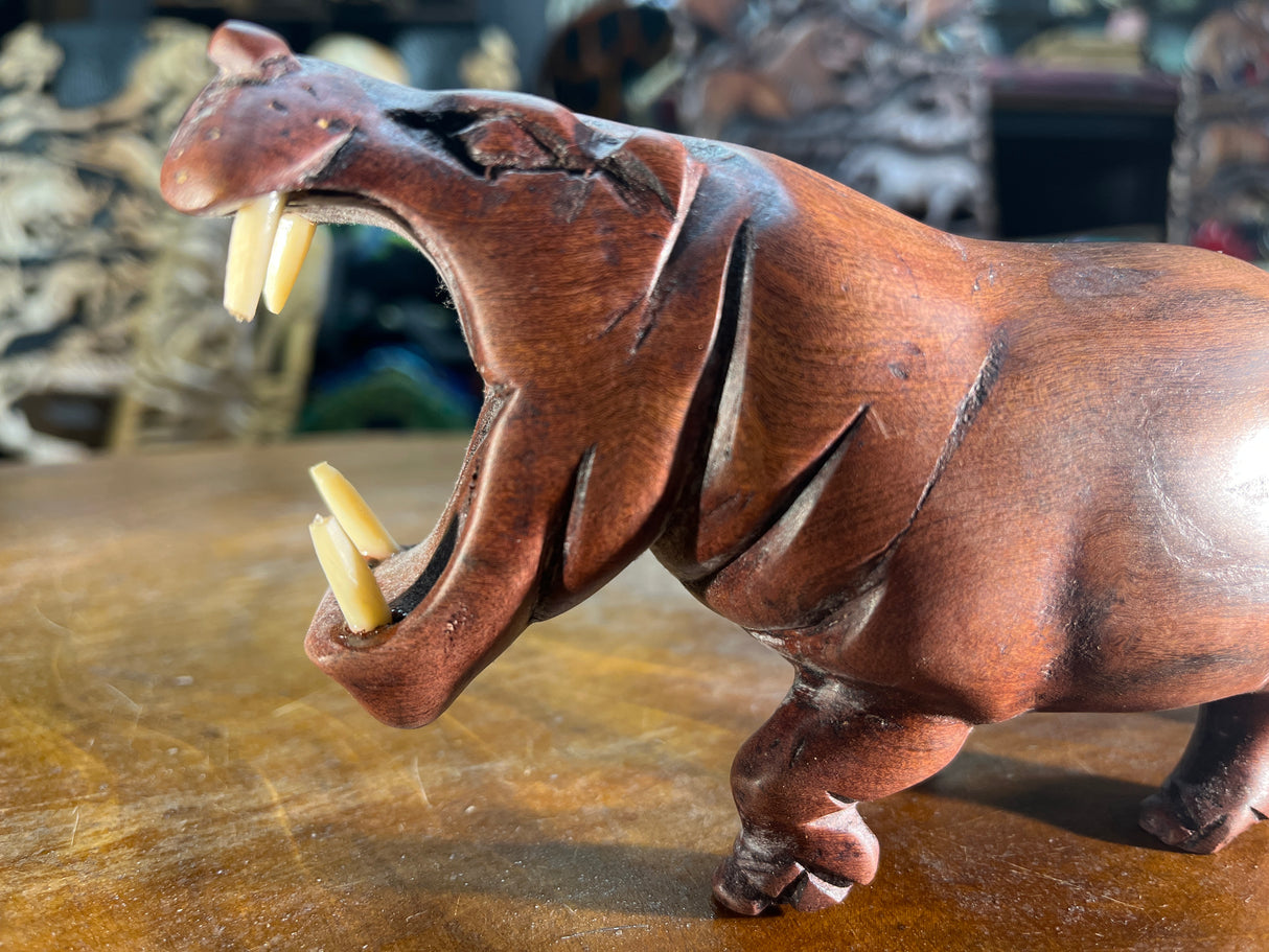 Small Hand Carved Reddish Wood Hippo - Mouth Open With Teeth