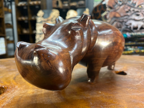 Hand Carved Shiny Dark Brown Wooden Hippo - Mouth Closed