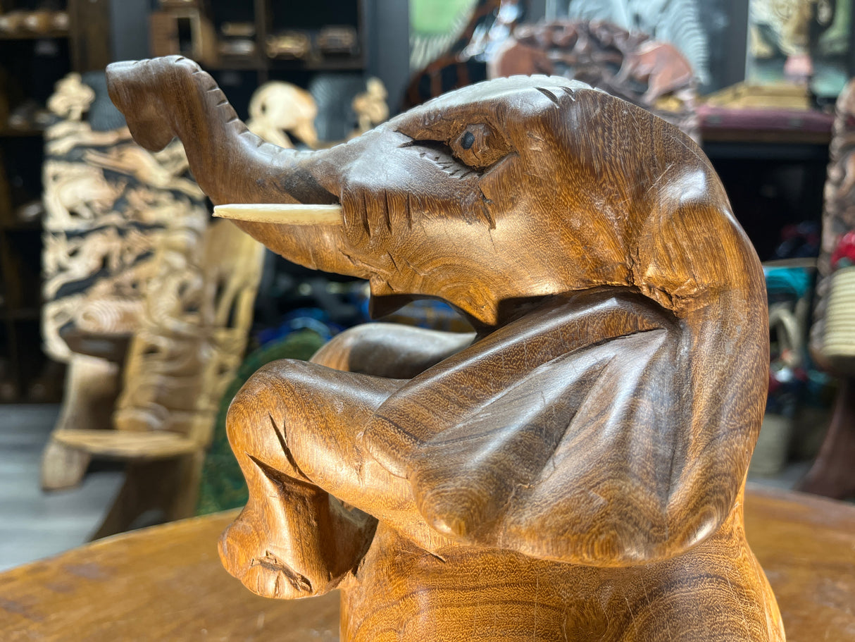 Hand Carved Happy Elephant Mahogany