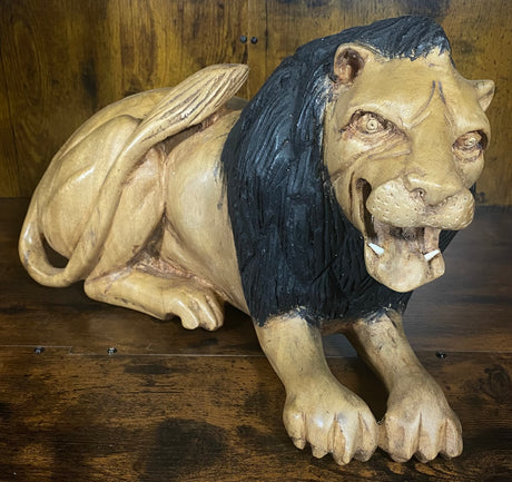 Hand Carved Resting Lion with a Warning Growl