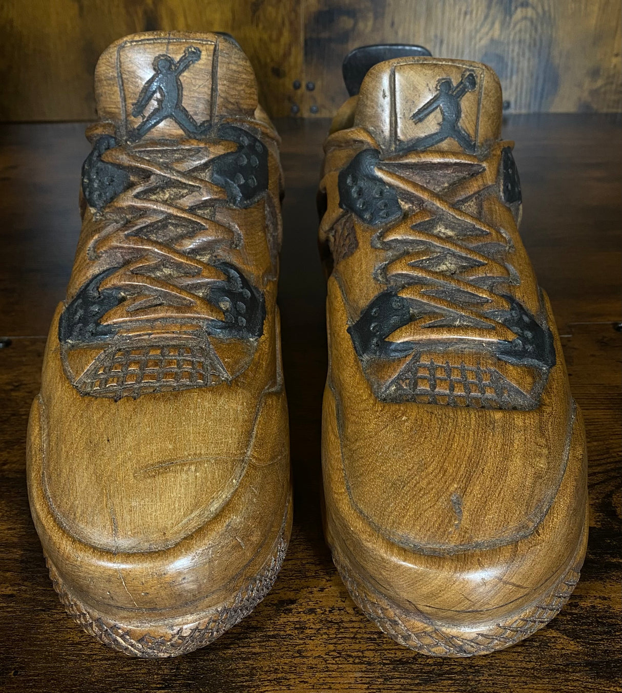 Pair of Jordan 4 V3.1 Hand Carved Mahogany Display Piece