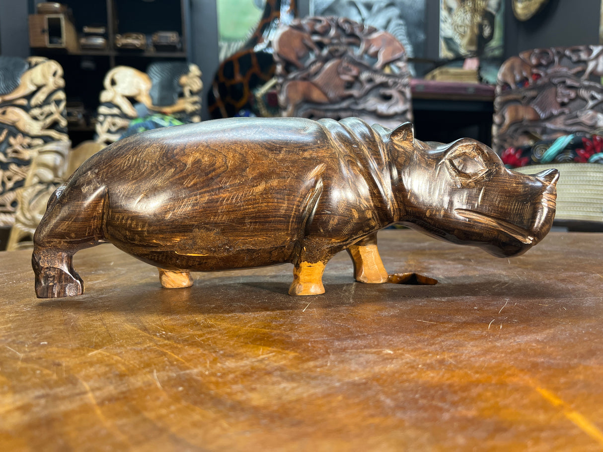 Hand Carved Dark Brown Wooden Hippo - Mouth Closed and Long Body