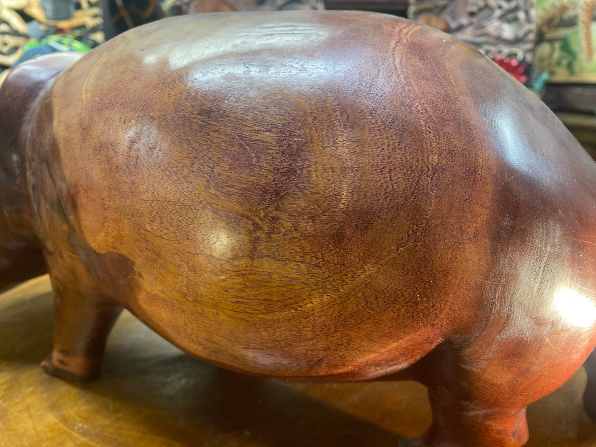 Big Reddish Colour Hand Carved Wooden Smiling Hippo - Mouth Closed (Heavy Piece)