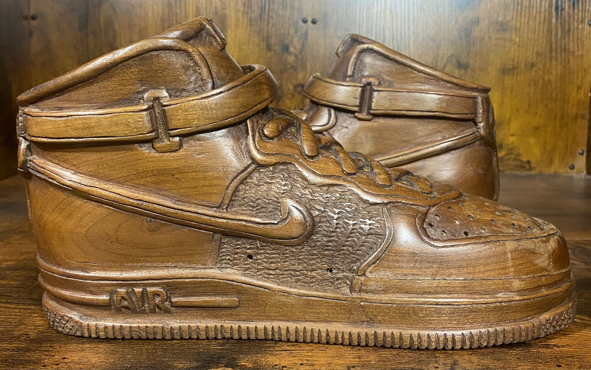 Pair of Nike Air Force One High V2.1 Hand Carved Mahogany Display Piece