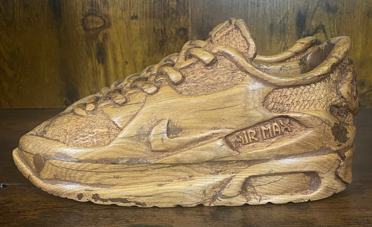 Pair of Nike Air Max 90 V3.1 Hand Carved Painted Mahogany Display Piece