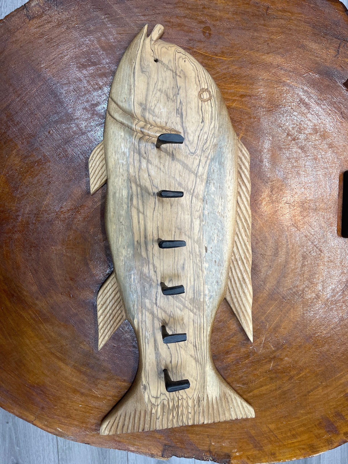 Large and Stunning Grained Wooden Handmade Fish Keyholder