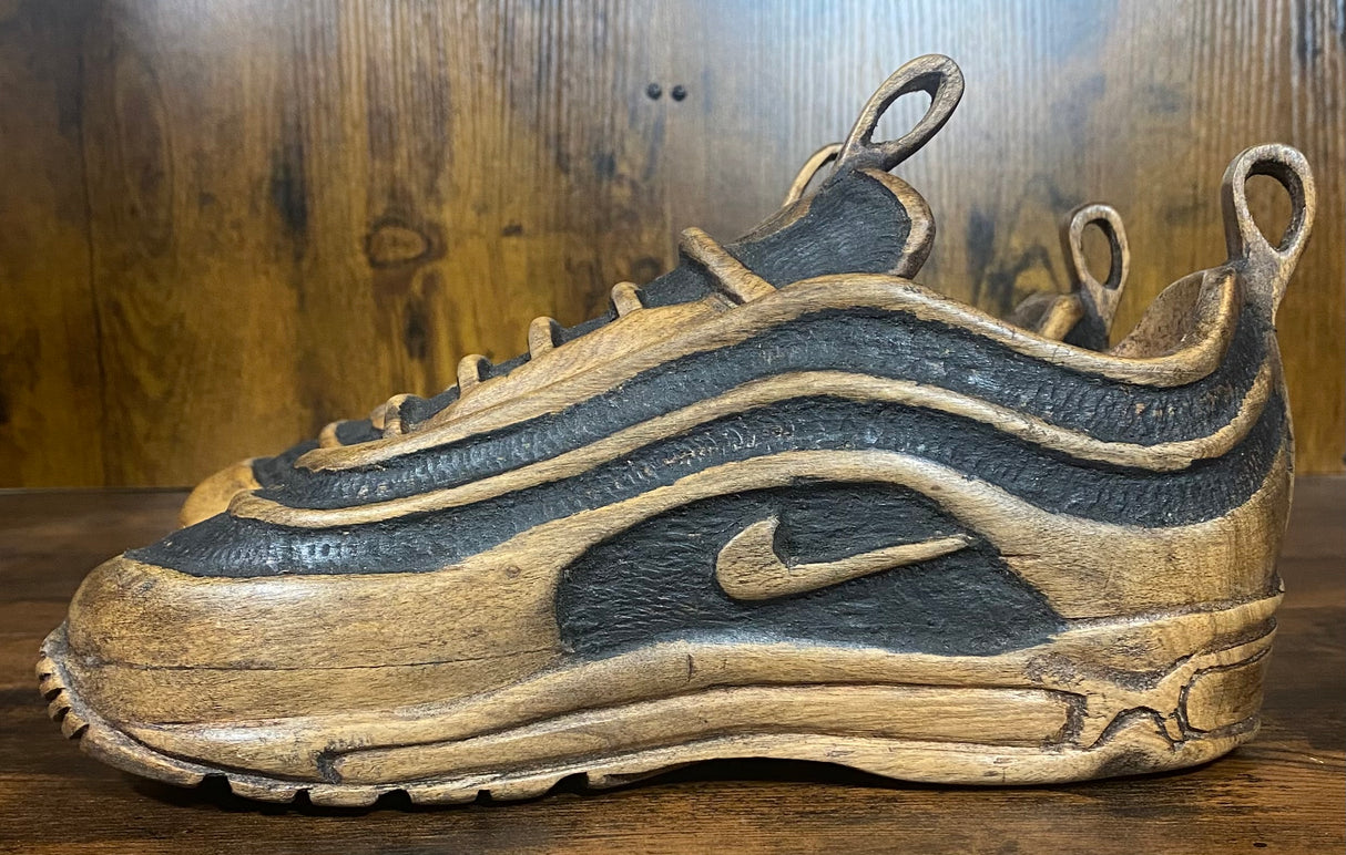 Pair of Nike Air Max 97 V1.3 Hand Carved Painted Mahogany Display Piece