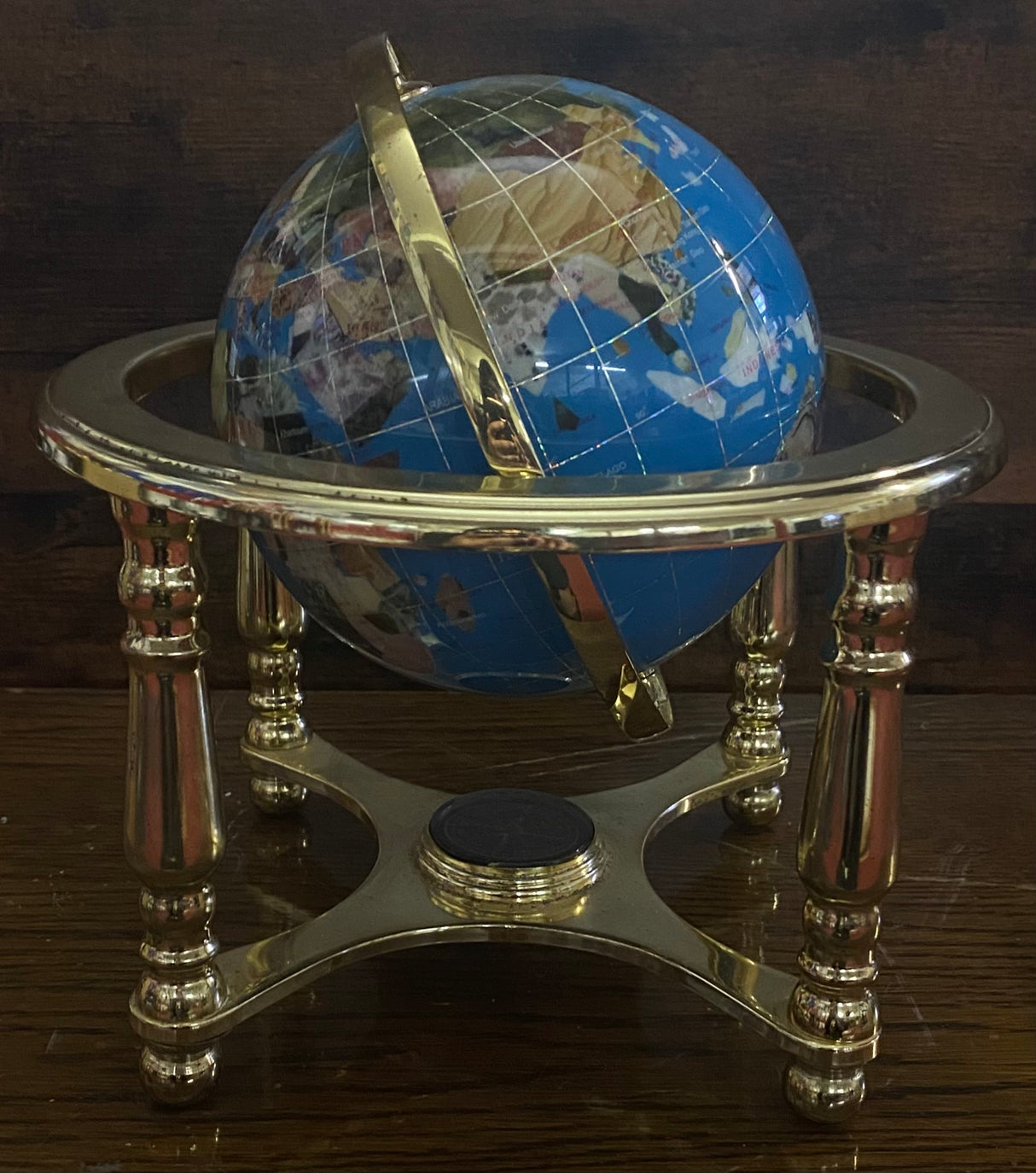 Light Blue Gemstone Globe With Metallic Brass Cradle - Orange Compass