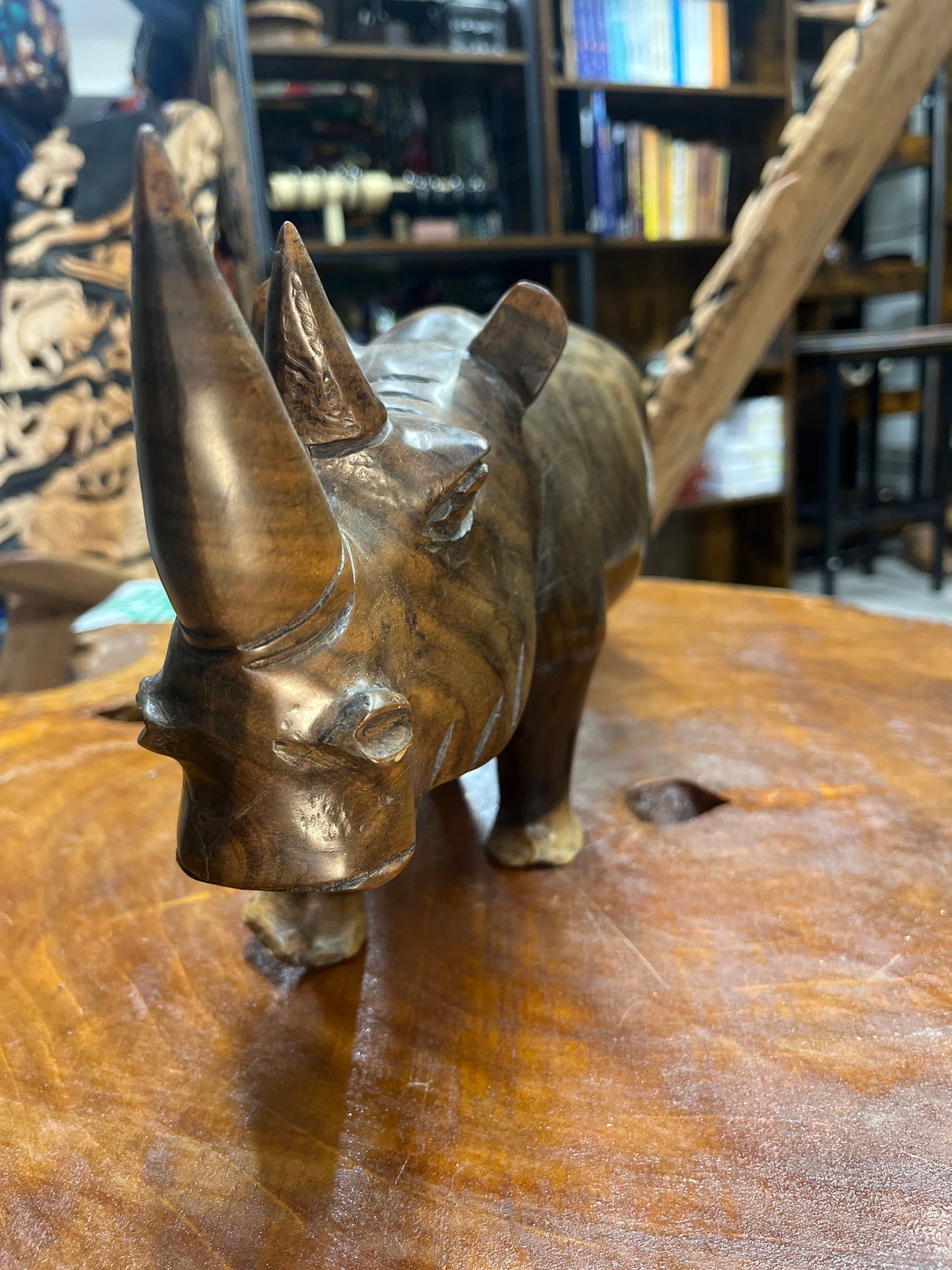 Hand carved Wooden Standing Rhino Curio (Light Brown)