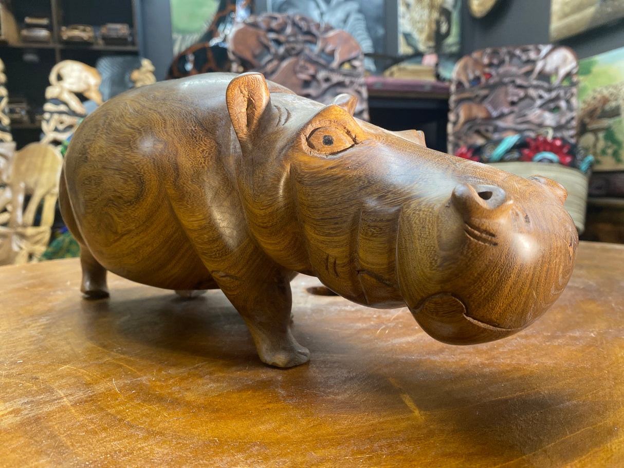 Hand Carved Wooden Hippo - Mouth Closed