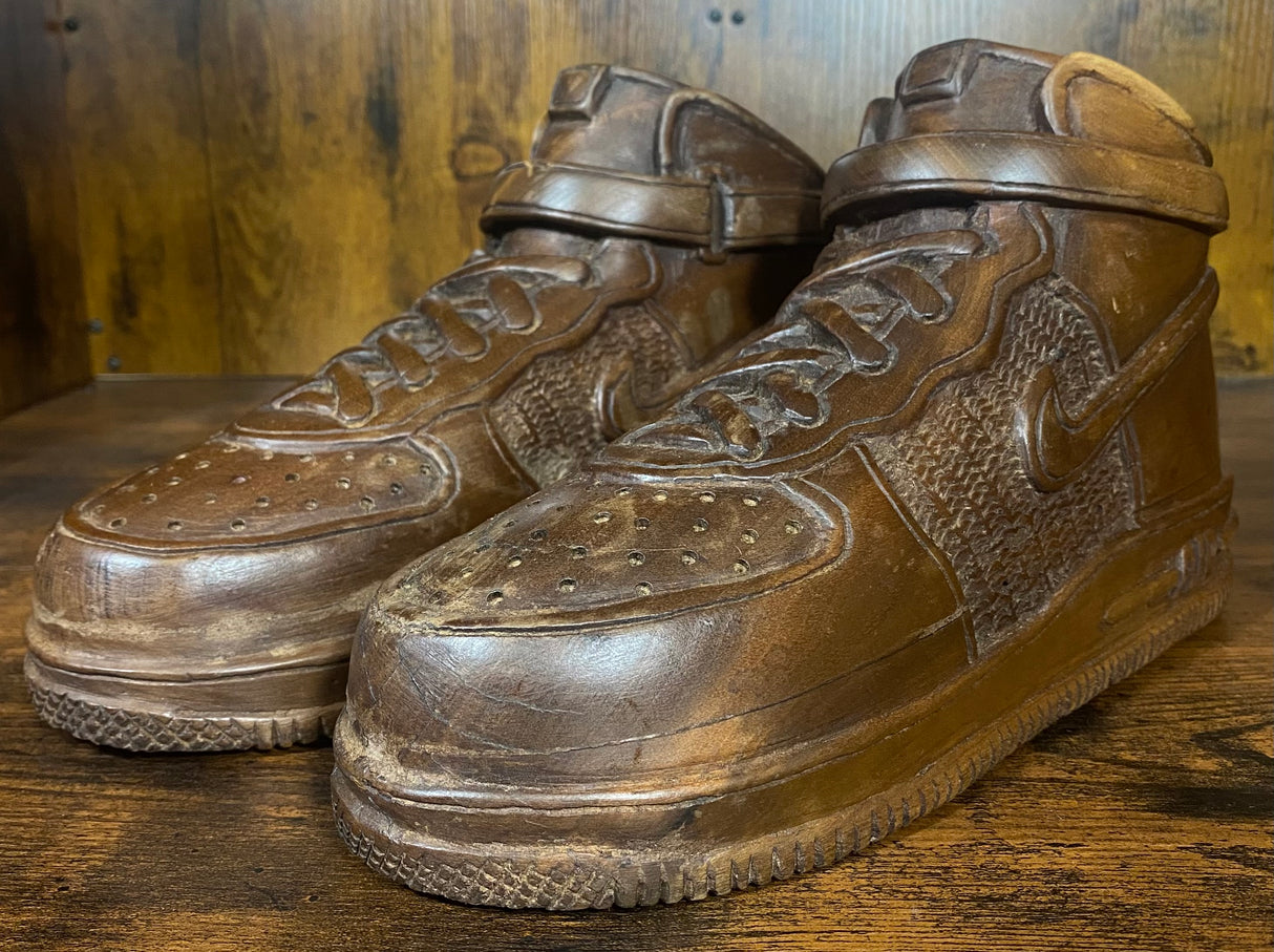 Pair of Nike Air Force One High V2.1 Hand Carved Mahogany Display Piece