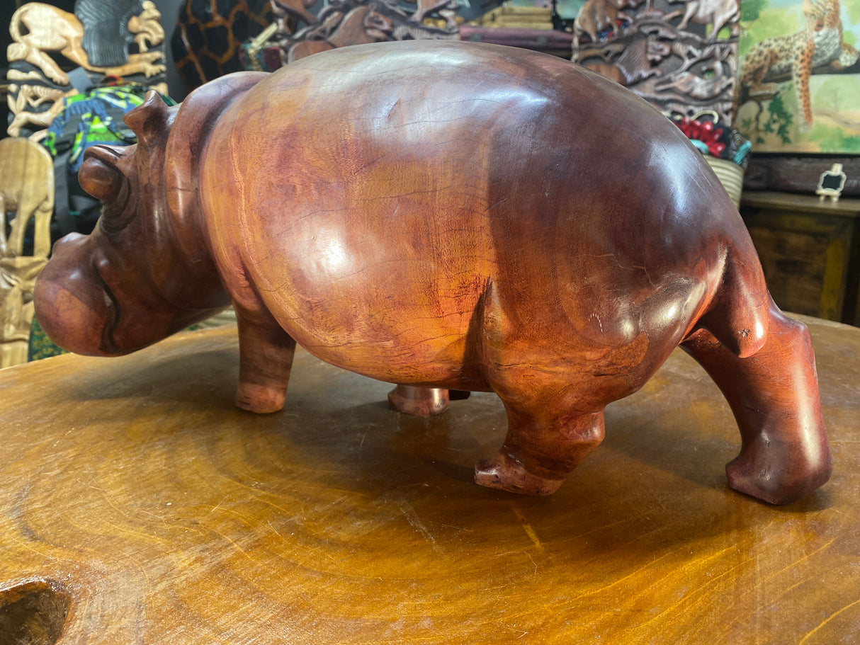 Big Reddish Colour Hand Carved Wooden Smiling Hippo - Mouth Closed (Very Heavy Piece)