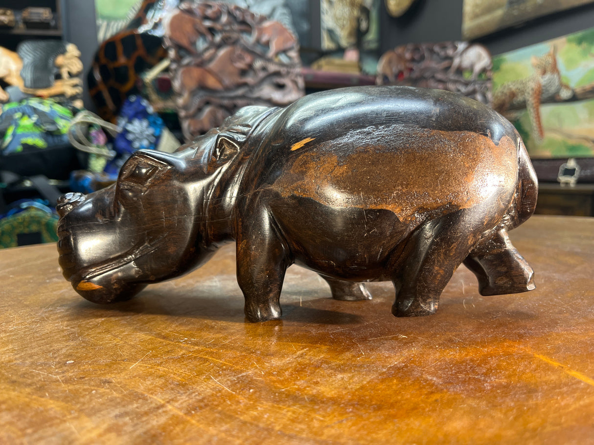 Hand Carved Dark Brown Wooden Hippo - Mouth Closed