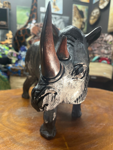 Large Black Hand Carved Wooden Textured Ebony Rhino Malawi